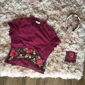 Sheer Maroon Crop Top w/ Floral Embroidery